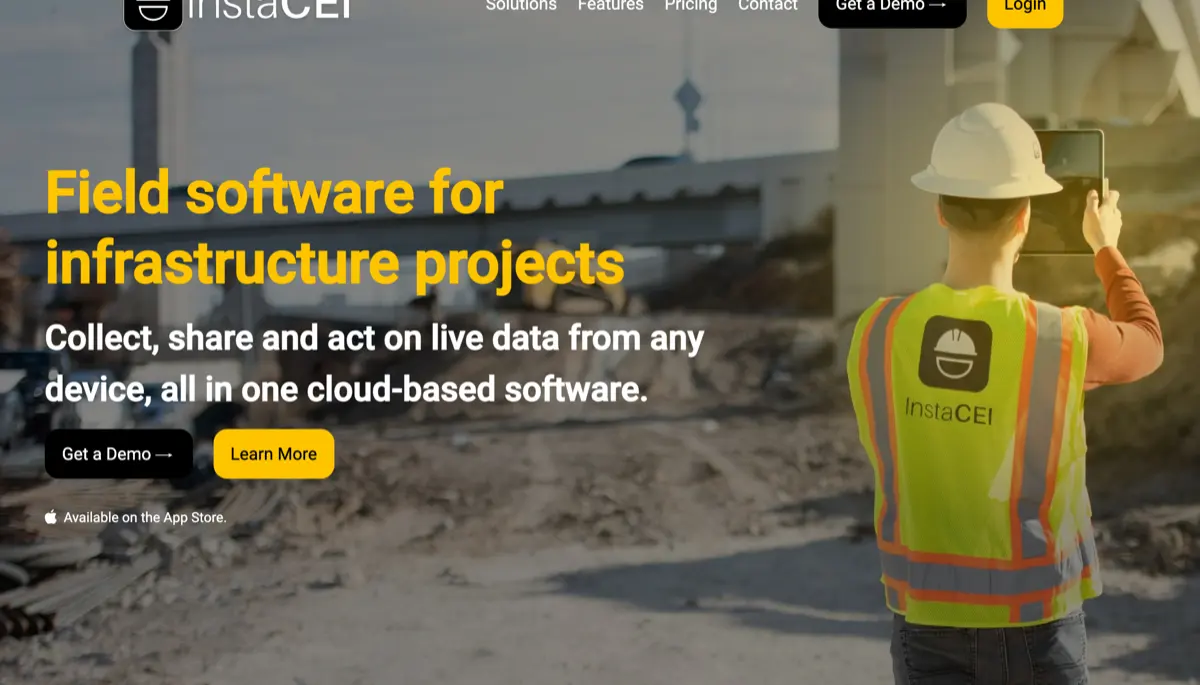 The InstaCEI homepage: a construction site with a worker collecting data on a tablet.